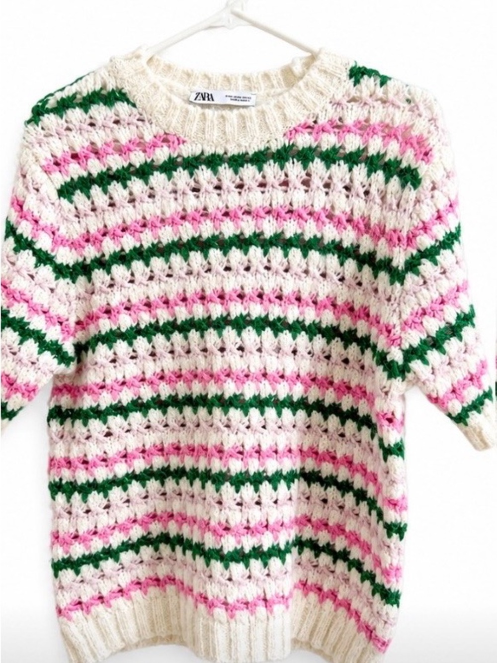 Zara Cream Crochet Sweater with Pink & Green Stripes